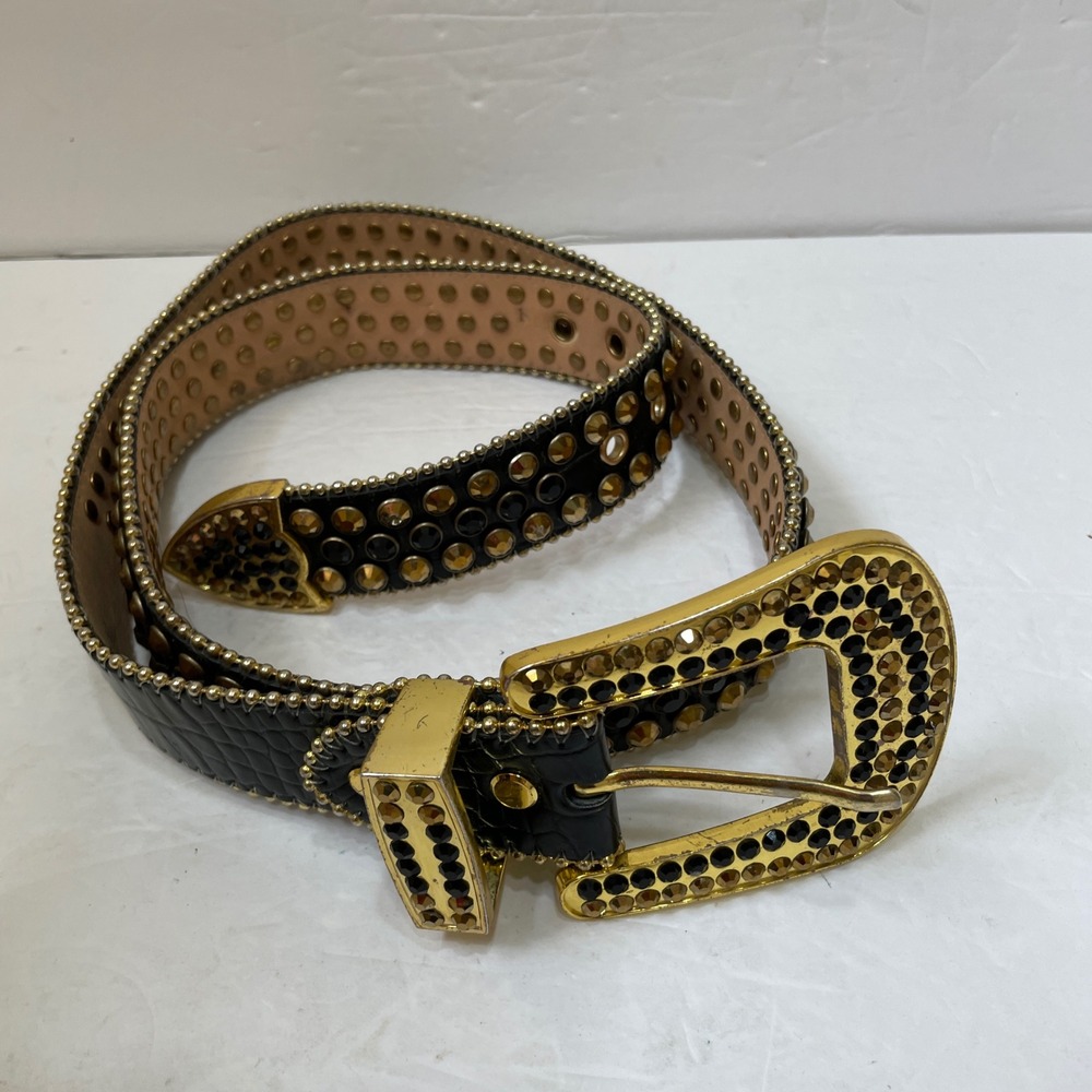 RAW BRAND GENUINE LEATHER‎ RHINESTONE STUDDED BELT WITH GOLDTONE HARDWARE